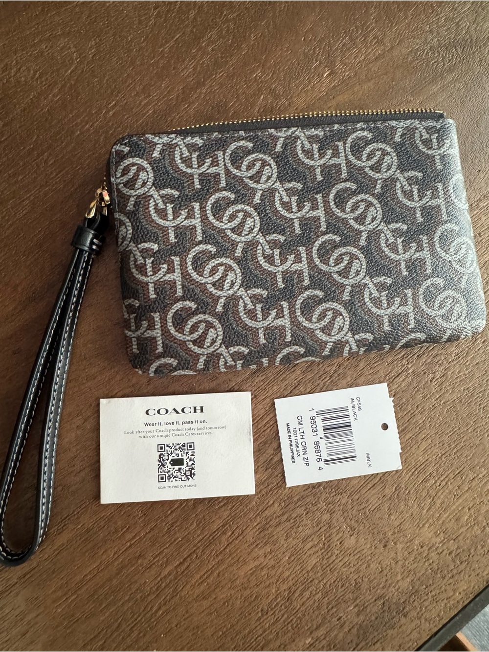 Coach Monogram Wristlet in Brown and Black with Gold Hardware